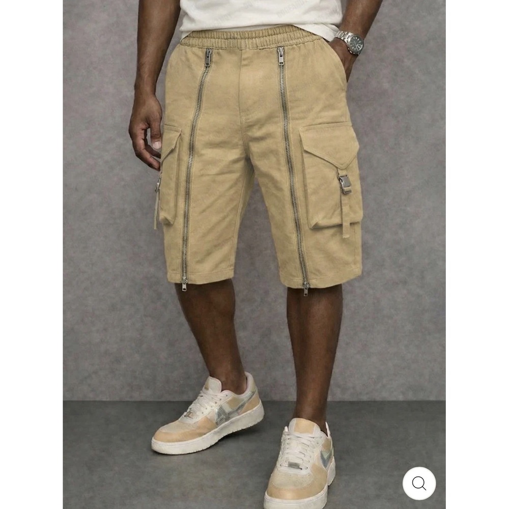 NWT Coofandy Mens Sz L Khaki Elastic Waist Tactical Zipper Pockets Cargo Shorts